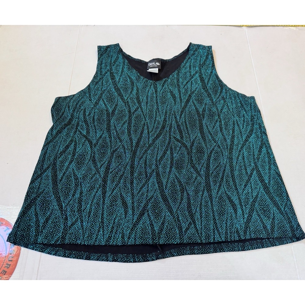 ONYX Nite Black Green  Glitter Shell Top  V-Neck Sleeveless 5X